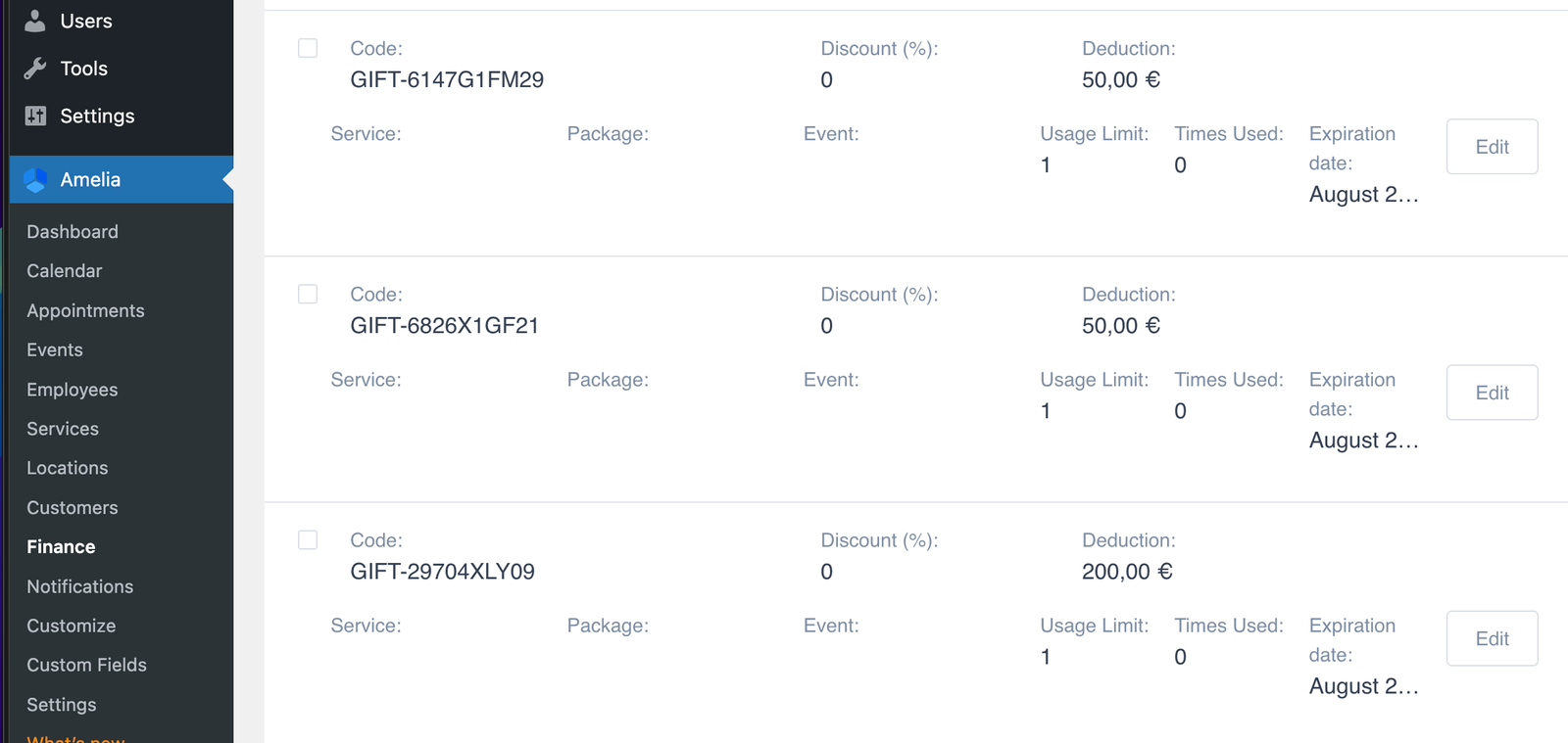 Coupons visible in Amelia Finance